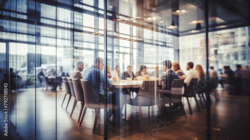 Business Team Engaged in Discussions Seen Through Blurry Glass Partition - Negotiation Techniques, Executive Leadership, Organizational Development, Management.