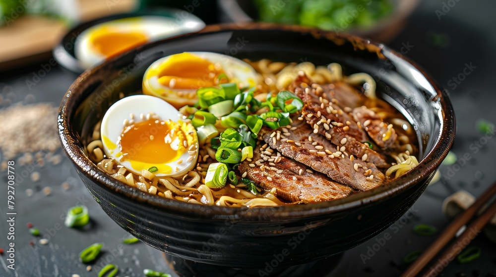 Appetizing bowl of Ramen with wheat noodles in a savory broth, topped with sliced pork, soft-boiled eggs, and green onions, isolated background, studio lighting