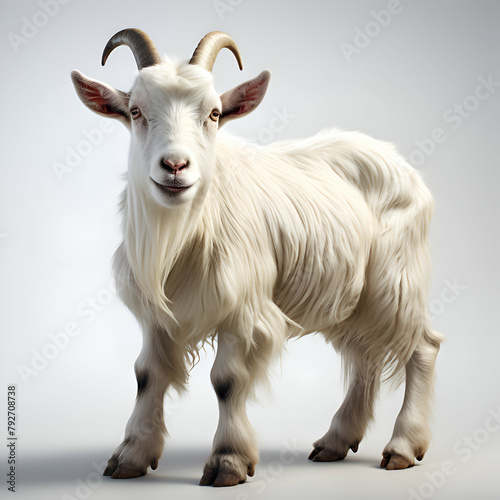Portrait of a white goat with horns on a gray background.