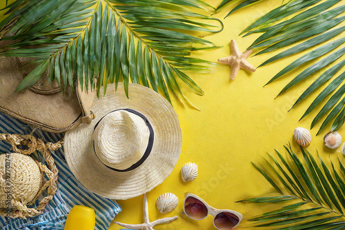 Yellow Summer Background With Beach Accessories And Palm Leaves 