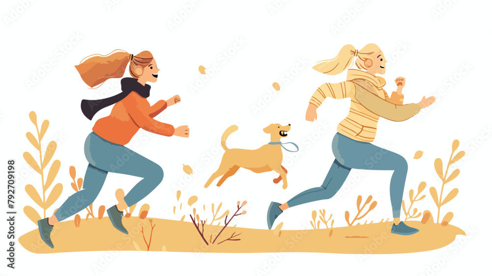 Young girlfriends run with dog in park. Vector flat style