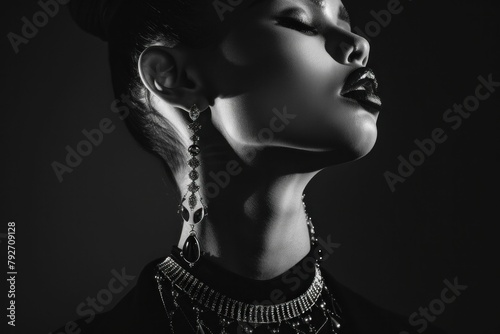 Elegant portrait of a stylish woman adorned in earrings and necklaces in black and white