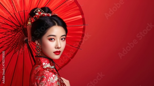 Beautiful amazing China woman on studio background. Copy Space