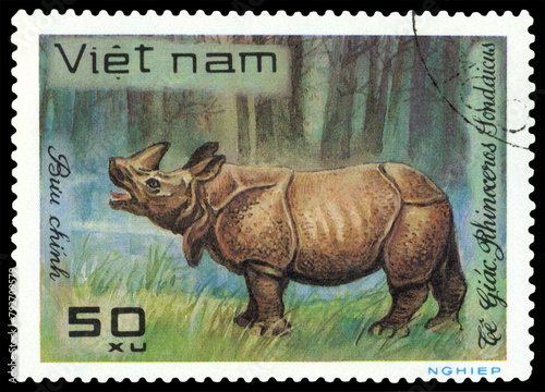Vintage  postage stamp.  Rhinoceros sondaicus. photo