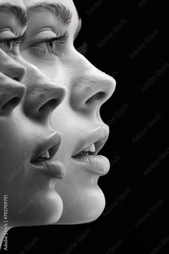 A close up of a woman's face with two different faces, AI