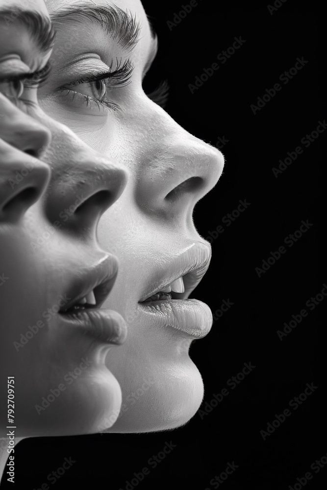 A close up of a woman's face with two different faces, AI A close up of a woman's face with two different faces, AI