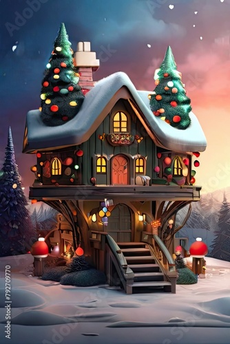 3d illustration of a christmas tree house with ornaments and colored lights surrounded by snow