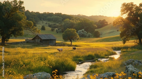 Happy pigs roam freely in a spacious and natural pigpen, surrounded by trees and fields, embodying the principles of ethical and ecological animal husbandry