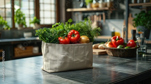 Eco-friendly folding shopping bag with vegetables and fruits inside, kitchen island countertop in the background