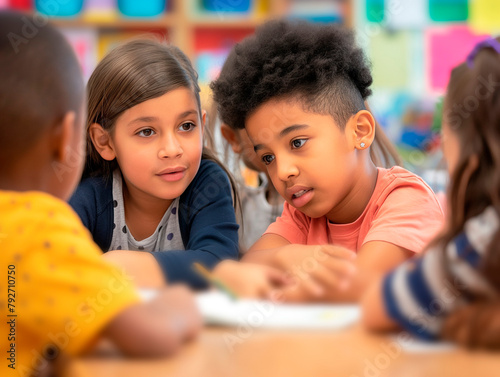 childen working together in a group, students are leaning in and listening to one another intently