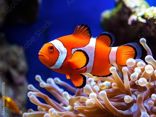 Sea anemone and clown fish in marine aquarium. Bright orange and white clown fish with thickets of anemones and corals
