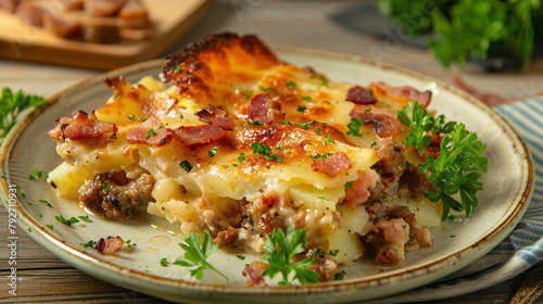 Scalloped potatoes with sausage and bacon on a plate -