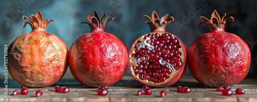 Ripe pomegranate fruit on a wooden background. © Ahmad
