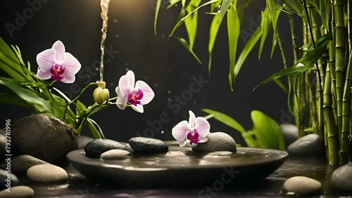 Orchids and spa stones balance on calm water, claming spa videos, calming ambient videos, relaxing videos, seamless looping 4k videos, youtube, stock videos, asmr videos, calming nature videos, ai	
