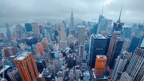 Veduta aerea della città, grattacieli e costruzioni urbane grigio azzurre.