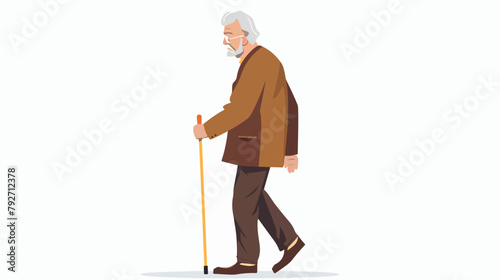 Full body elderly man with walking stick isolated. vector