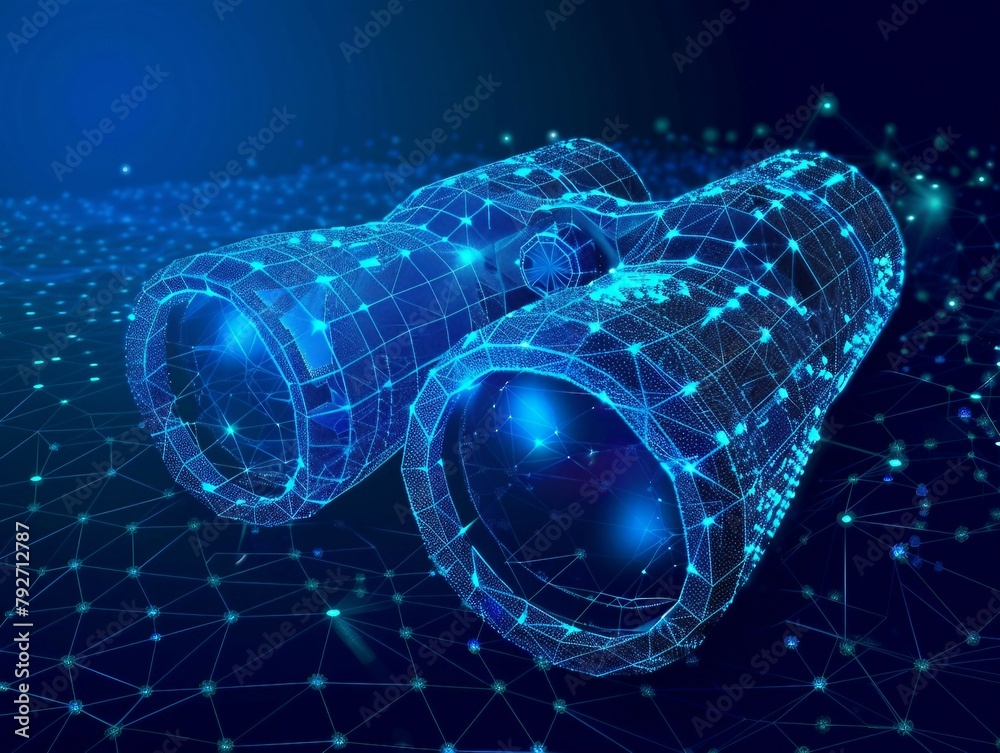 digital blue binocular with data streams, ai in visual recognition systems, augmented reality