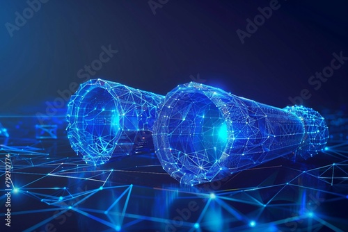 digital blue binocular with data streams, ai in visual recognition systems, augmented reality applications, object detection algorithms, enhanced surveillance technologies, observation and analysis. 