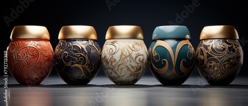A row of 5 urns with golden lids sit on a reflective surface. The urns are decorated with intricate patterns.