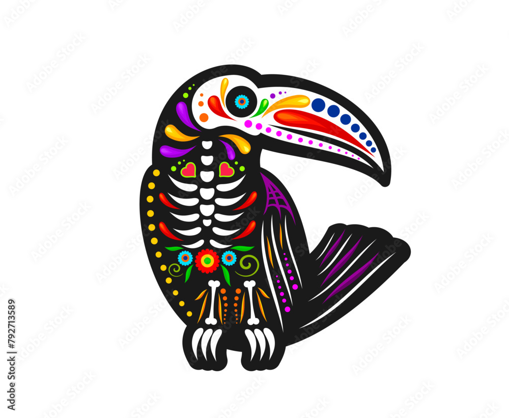 Fototapeta premium Mexican Day of Dead, toucan bird with sugar skull for tattoo, vector symbol. Dia de Los Muertos holiday or Mexico fiesta tattoo decoration of toucan skeleton skull with Mexican floral ornament