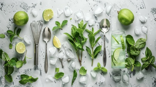 Mint, lime, ice, ingredients and bar utensils for making mojito cocktail --ar 16:9 Job ID: 40386154-a34d-403c-b51b-d0ef5c9388c5 photo