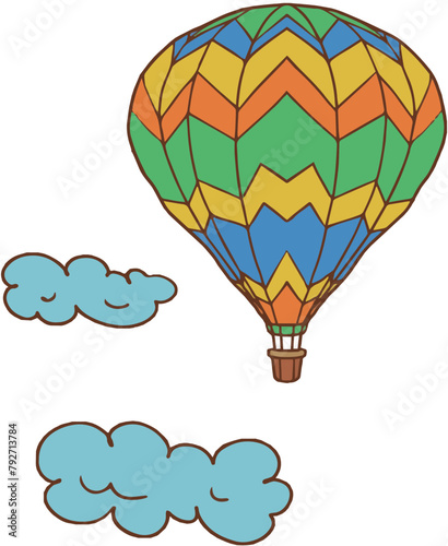 Balloons travel sky transport graphics hand drawn coloring clouds nature dreams lightness on a white background set