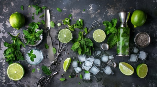 Mint, lime, ice, ingredients and bar utensils for making mojito cocktail --ar 16:9 Job ID: 40386154-a34d-403c-b51b-d0ef5c9388c5
