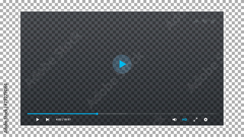 Video player transparent interface. Video screen app layout, web stream player vector UI or live audio control panel overlay. Online media streaming display transparent interface