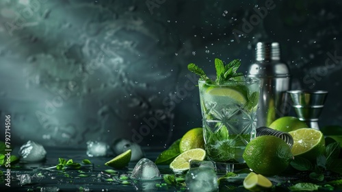 Mojito cocktail with fresh mint, lime, ice cubes and bar shaker on dark background