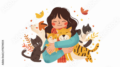 Girls holds and hugs the dogs and cats.