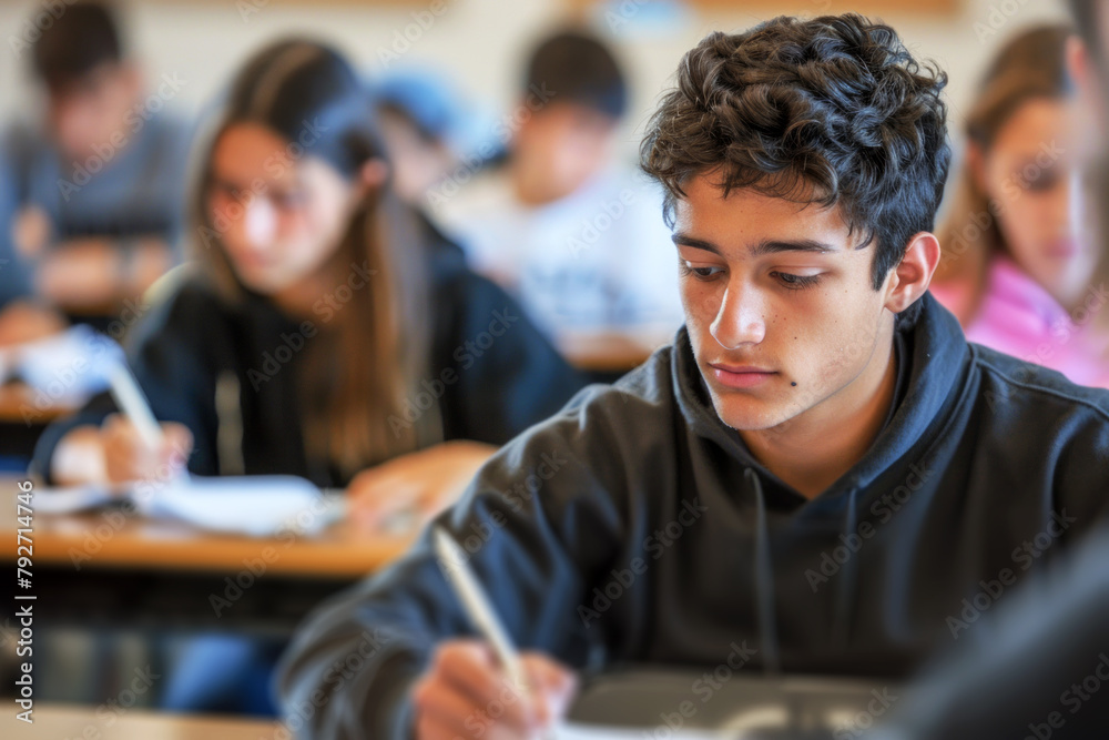 Obraz premium High school students taking exams in a classroom