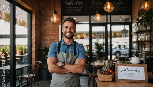 business owner standing at cafe entrance