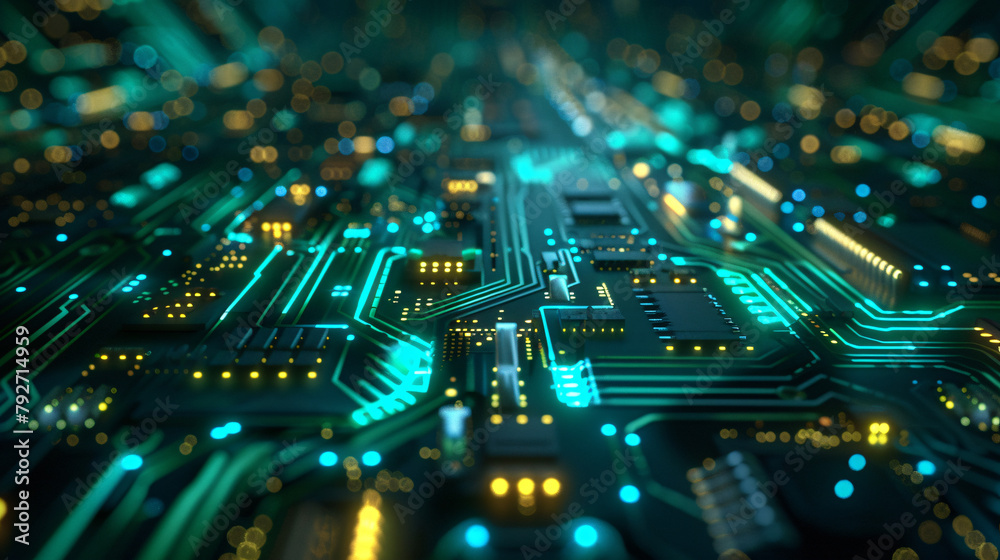 Blue and green circuit board with light trails representing data paths Blue and green circuit board with light trails representing data paths