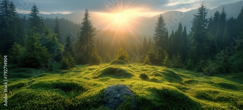 beautiful nature landscape, green grass meadow on mountain with coniferous forest, Generative Ai photo