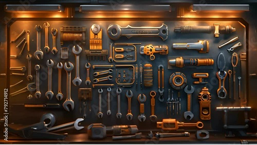 A wall of tools and equipment were neatly arranged on the back shelf, including various screwdriver sets, pliers, and wire. photo