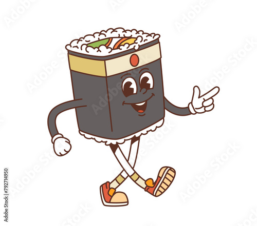 Cartoon funny japanese roll groovy character. Isolated vector squared, adorable asian, japan food personage with expressive eyes and a joyful smile, radiating fun and culinary adventure in funky style