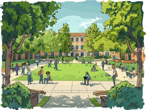 A Lively Campus Quad: Students Engaged in Study and Socialization amidst Tranquil Surroundings
