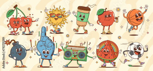 Cartoon groovy characters, cherry and apple, watermelon and bomb, soccer and basketball balls, coffee cup and sun, fan glove and tape recorder. Vector funky personages in hippie vintage cartoon style