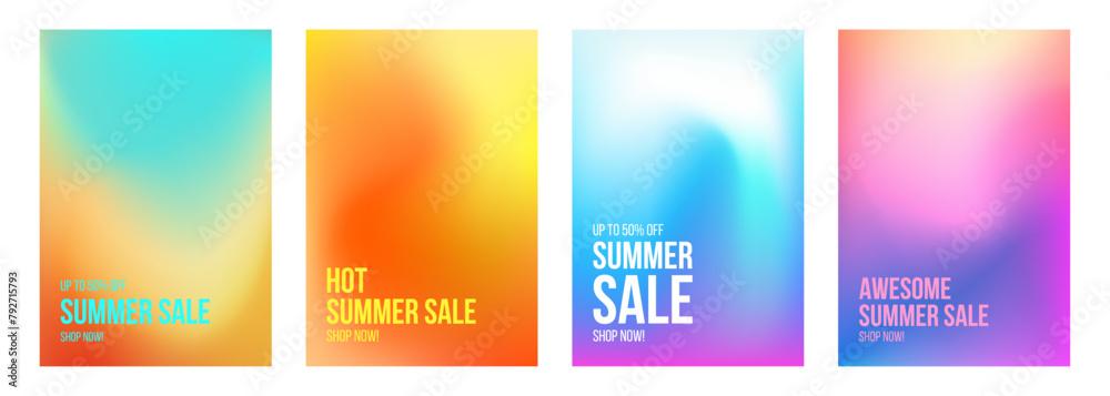Summer Sale Commercial. Set of Summertime season sale promotional backgrounds with vibrant color blurred gradients. Vector illustration.