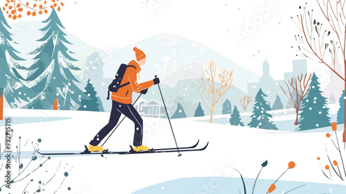 Young man on cross-country skiing in the park. Vector