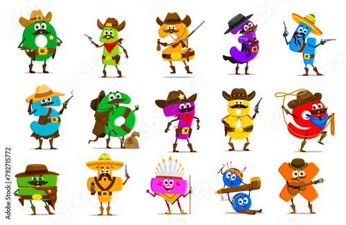 Cartoon cowboy and sheriff  native american math number characters. Vector zero  one and two  three and four  five  six or seven  eight and nine. Plus  minus with division  equal  multiplication signs