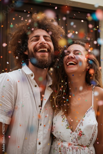 Laughing couple showered in confetti, capturing a moment of pure joy and celebration