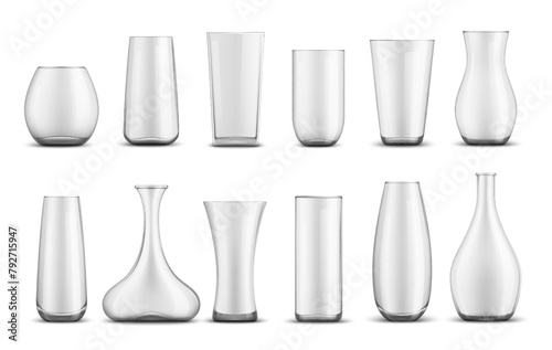 Realistic glass flower vases. Vector 3d empty transparent glass containers isolated mockups for cut flowers or plants. Clear glassware, round bowls, tall cylindrical and curved shape vases, room decor