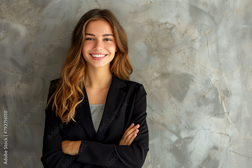 Happy, young smiling woman against old, grunge wall with copy space for text