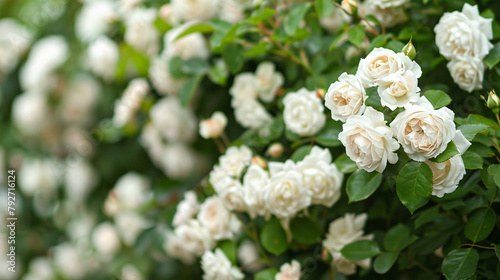 Selective focus of bushes of white rose in garden 