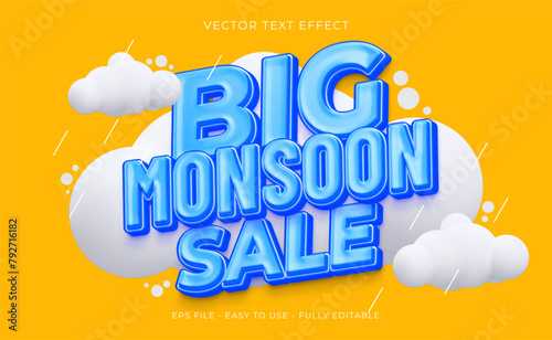 Vector banner for monsoon season sale with text effect editable 3d text style