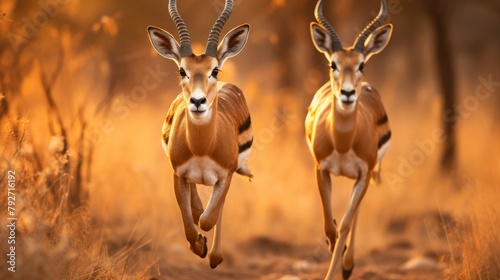 Two antelope gracefully run through a sunny forest