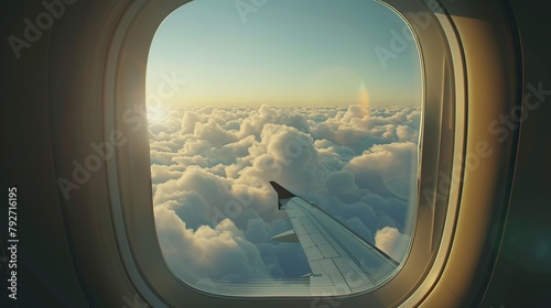 Airplane window. Beautiful clouds and sky seen through the airplane window. Concept of flight and travel by plane.