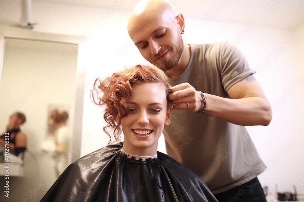 Hairdresser combing a young girl's hair at the hairdressing salon Hairdresser combing a young girl's hair at the hairdressing salon