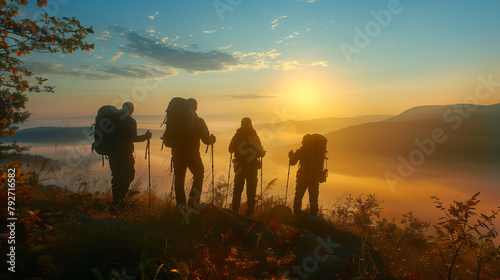 Young hikers silhouettes school group field trip camp at sunrise